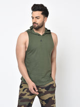 Men’s Drop Arm Sleeveless Hoodie- Olive Green