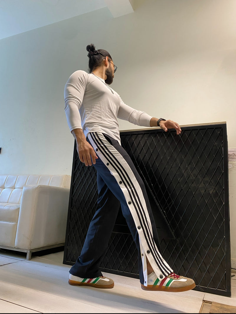 Retro Buttoned Track Pant Strips -Black