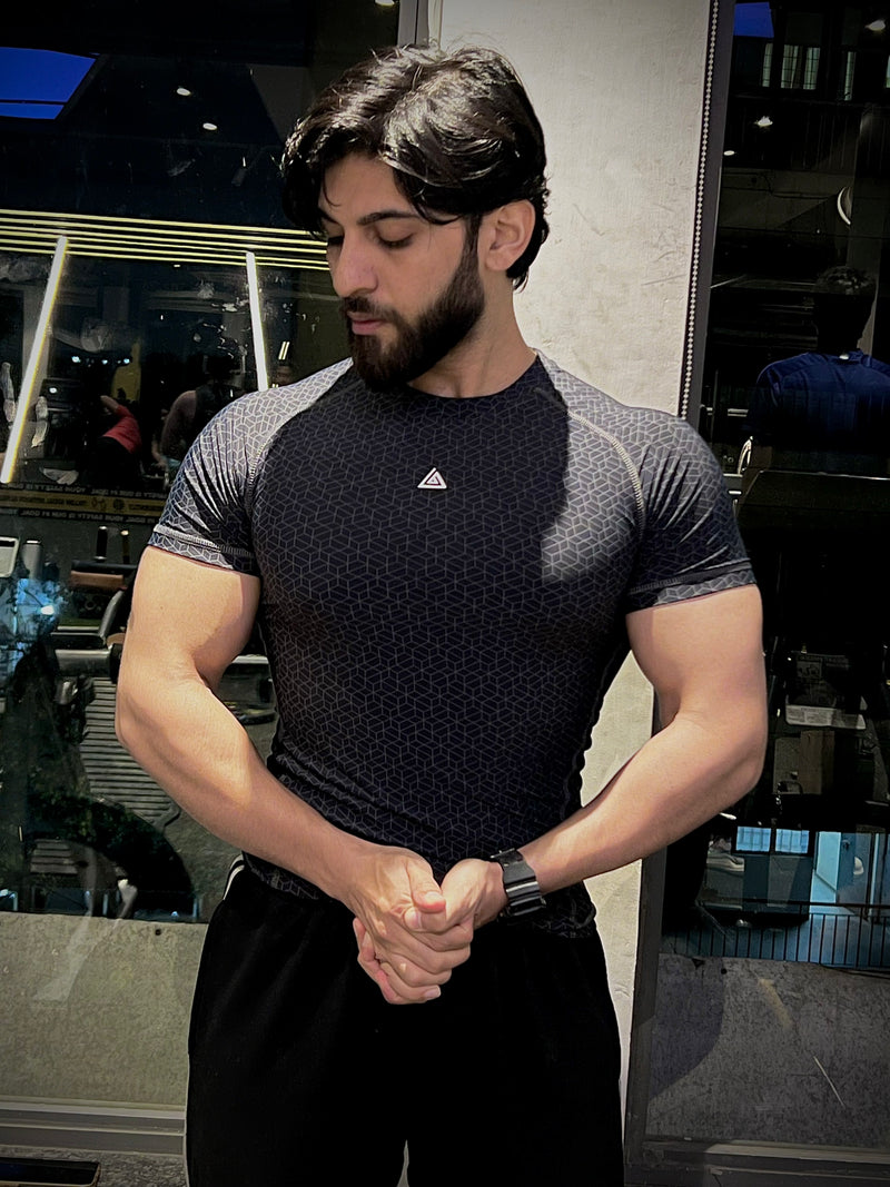 Compression T-Shirt Grey Block Print
