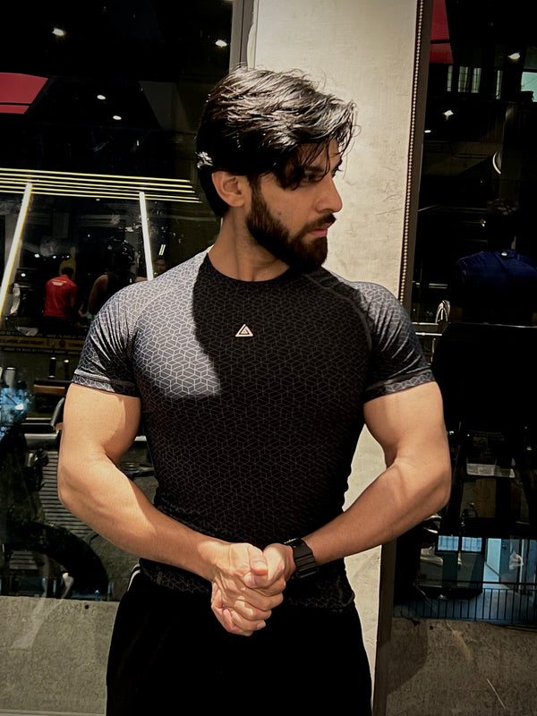 Compression T-Shirt Grey Block Print