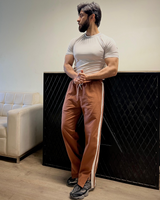 Men Extra Wide Leg Jogger with Contrast Stripe and Slit (BROWN)