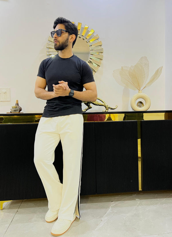 Men Extra Wide Leg Jogger with Contrast Stripe and Slit