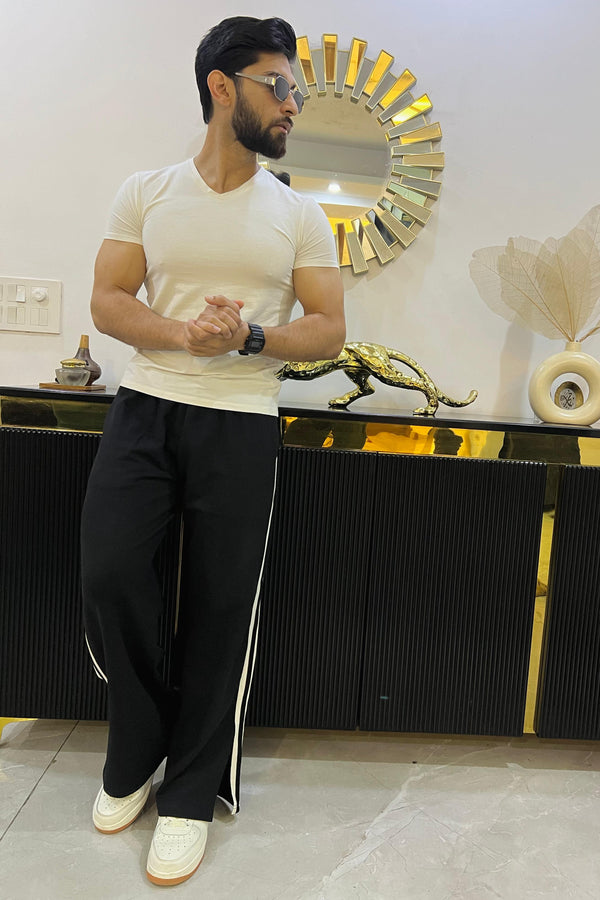 Men Extra Wide Leg Jogger with Contrast Stripe and Slit