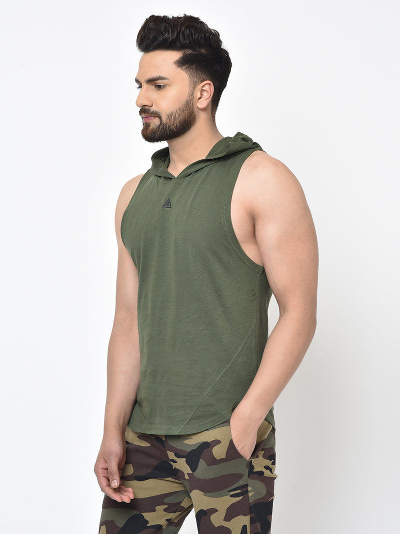 Men’s Drop Arm Sleeveless Hoodie- Olive Green