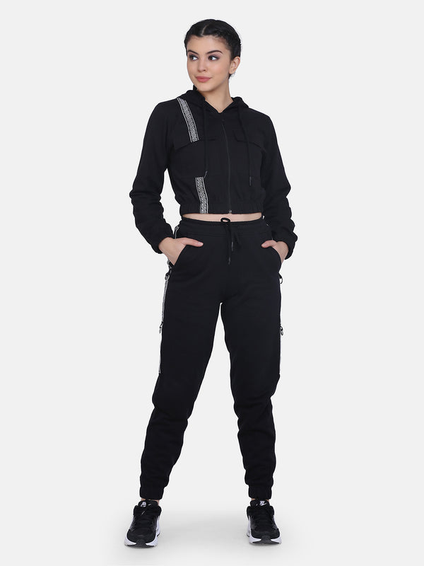Women Solid stylish Hooded Tracksuit- Black