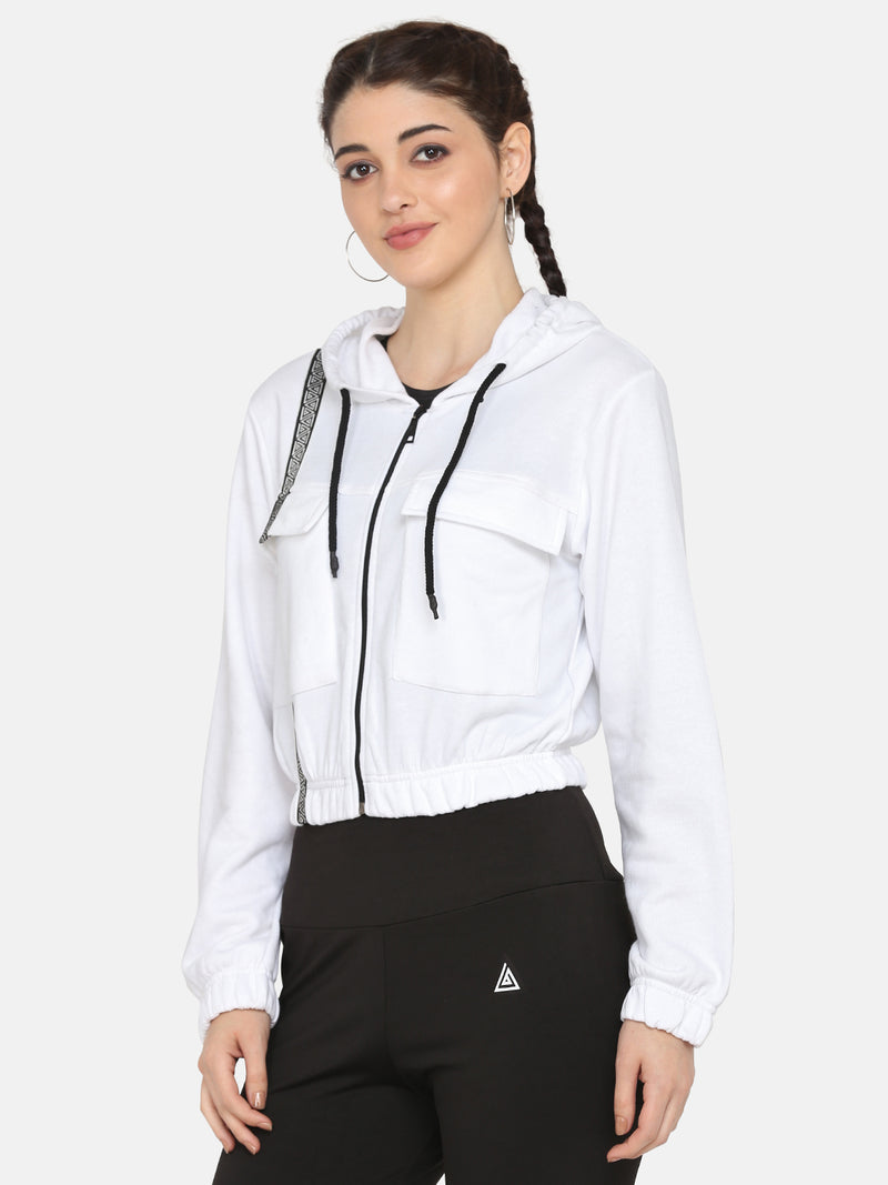 women solid hoodie- WHITE