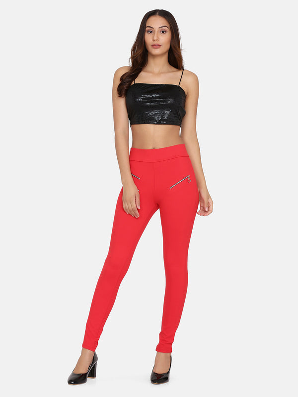 SOLID JIPPER JEGGING-RED