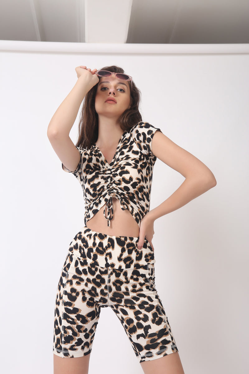 WOMEN'S LEOPARD DRAWSTRING TOP