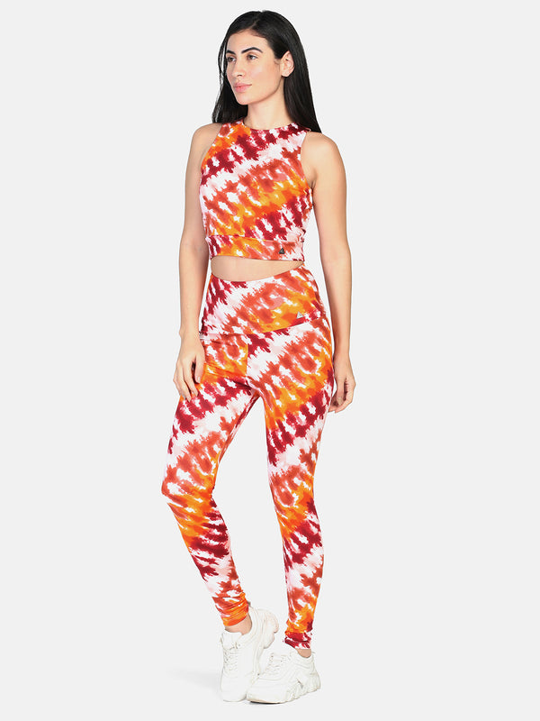 WOMEN'S SEAMLESS ULTRA HIGH WAIST TIE DYE CO ORDS-RED/ORANGE